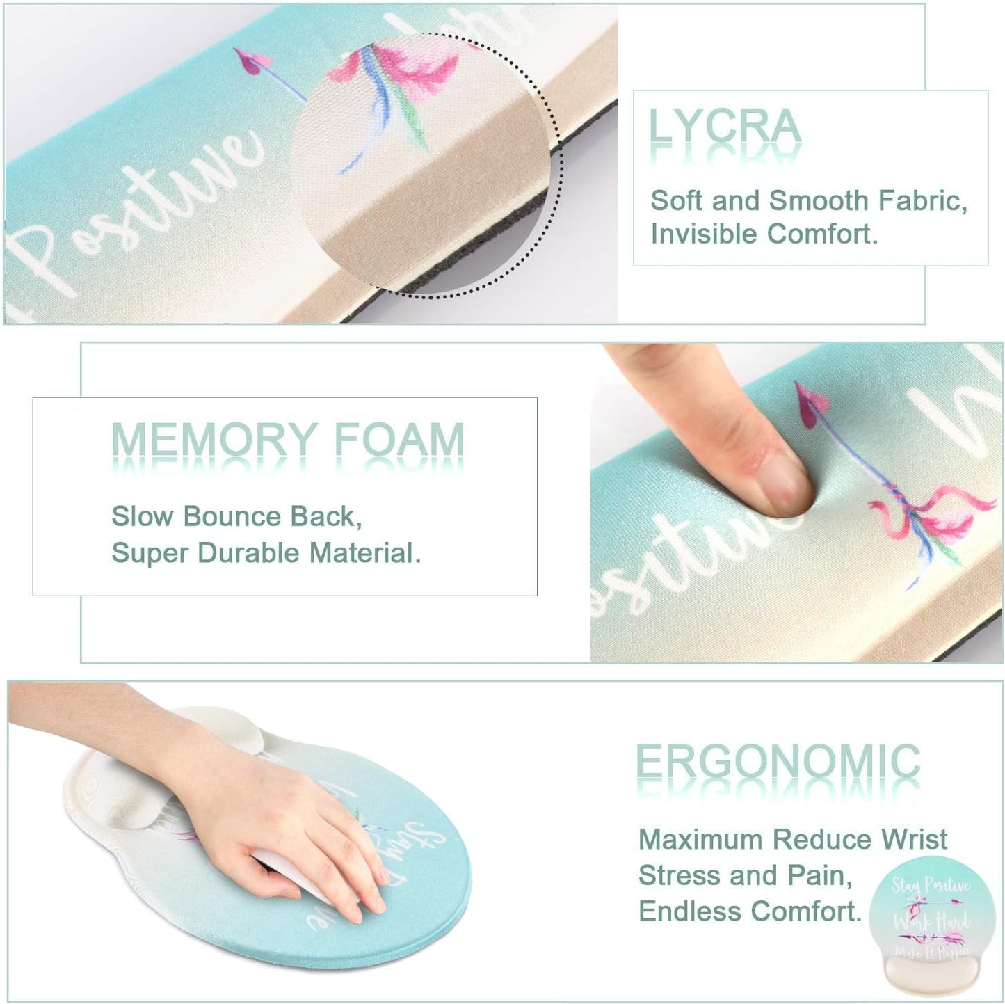 Mouse Pad Wrist Support and Keyboard Wrist Rest, Ergonomic Mousepad with Memory Foam, Non Slip Rubber Base, Waterproof Mouse Mat for Home, Office, Gaming (Stay Positive)
