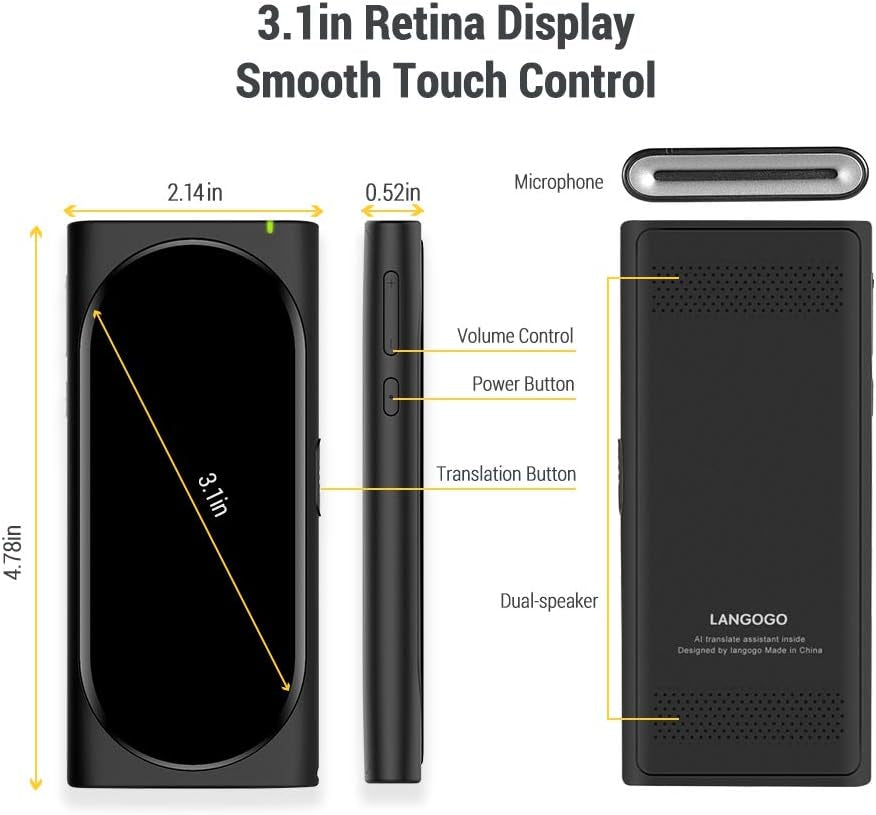 Genesis Portable Language Translator Device - 100+ Languages, Real-Time Voice Translation, Offline Functionality, Built-In Data, 3.1-Inch Retina Display, Black