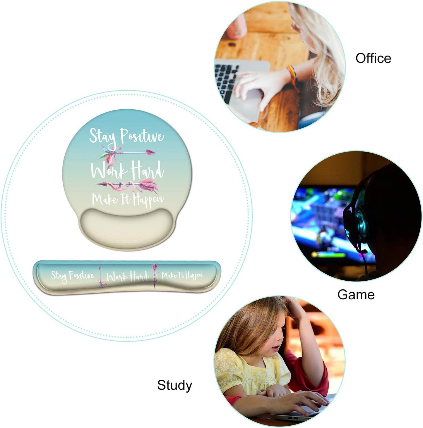 Mouse Pad Wrist Support and Keyboard Wrist Rest, Ergonomic Mousepad with Memory Foam, Non Slip Rubber Base, Waterproof Mouse Mat for Home, Office, Gaming (Stay Positive)