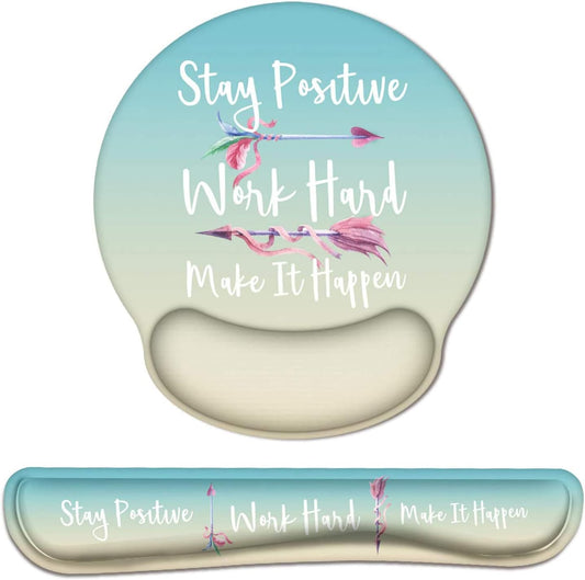 Mouse Pad Wrist Support and Keyboard Wrist Rest, Ergonomic Mousepad with Memory Foam, Non Slip Rubber Base, Waterproof Mouse Mat for Home, Office, Gaming (Stay Positive)