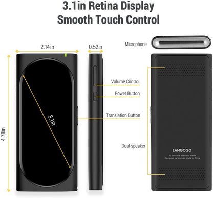 Genesis Portable Language Translator Device - 100+ Languages, Real-Time Voice Translation, Offline Functionality, Built-In Data, 3.1-Inch Retina Display, Black